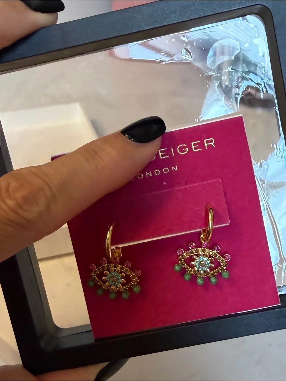 Kurt Geiger NWT evil eye 🧿 Gold-Tone Hoop Earrings with Pink and Green Charms